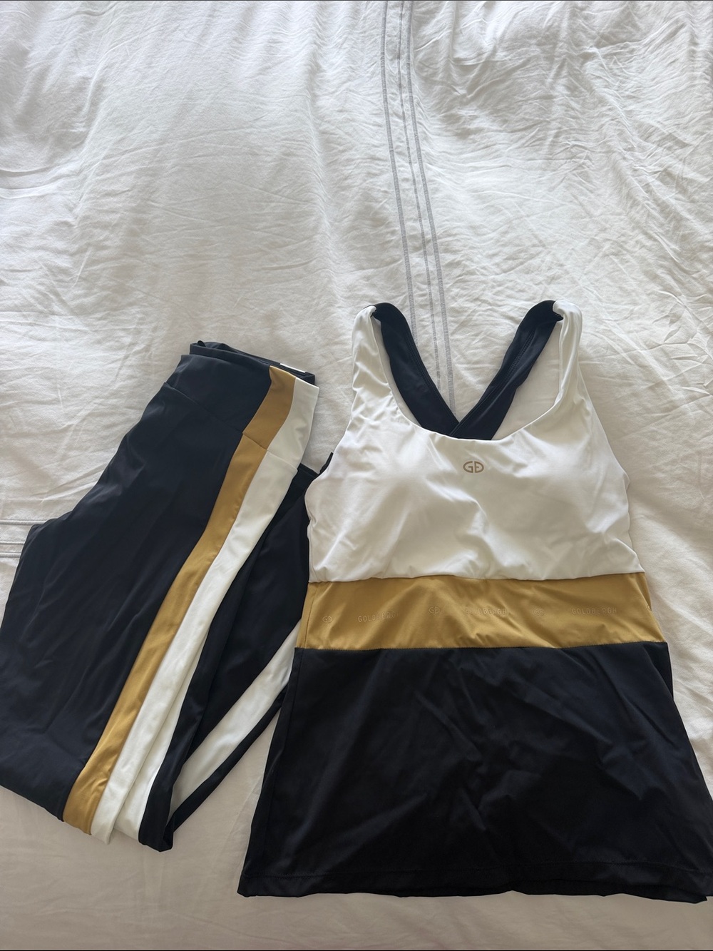 Goldbergh White, Black & Gold Athletic Tank with Striped Leggings